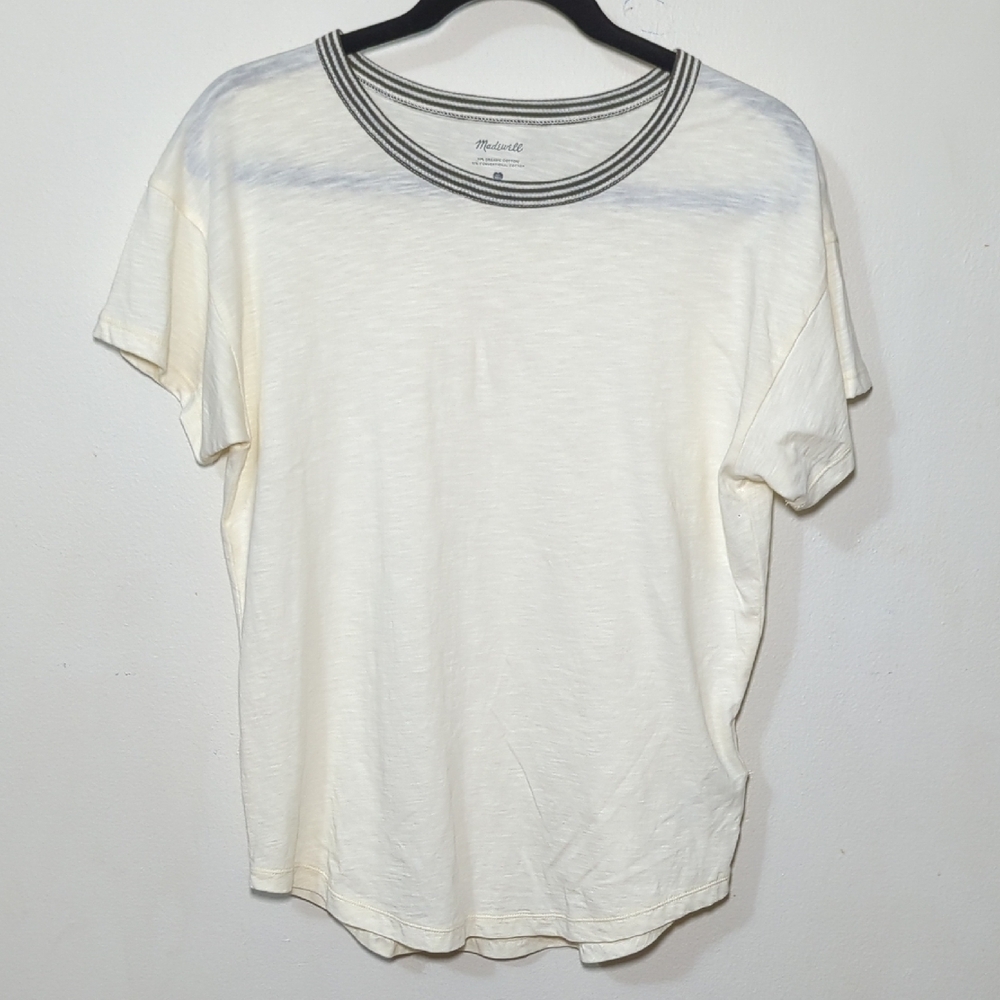 Madewell Cream Short Sleeve Tee with Black-Trim Crewneck